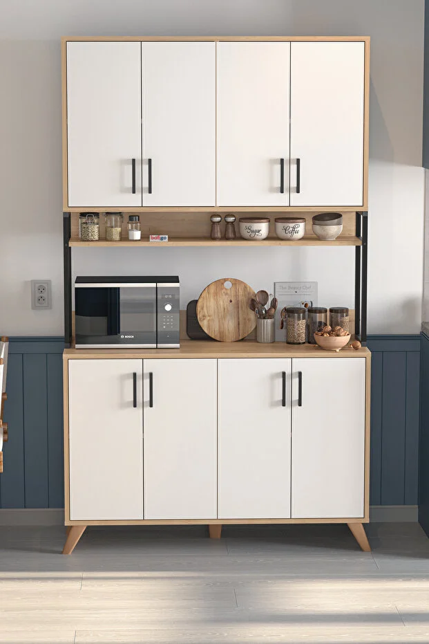 8 Kapaklı Çok Amaçlı Dolap Defne Mutfak Dolabı Erzak Dolabı Kiler Dolabı Safir Meşe Beyaz